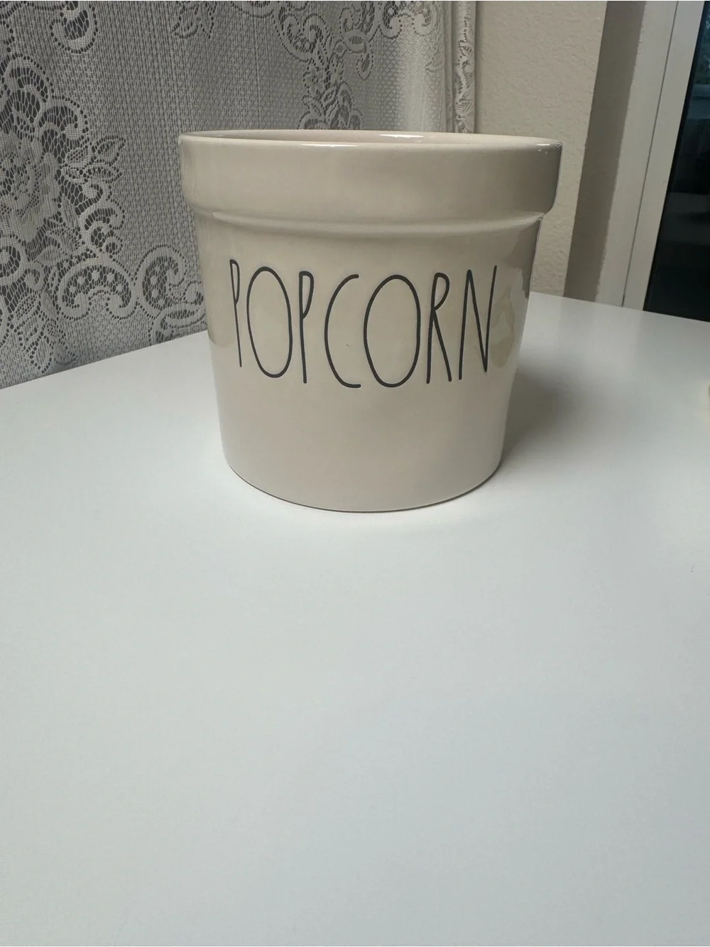 Rae Dunn Popcorn Ceramic Canister - Beige with Black Lettering 5”x 5 1/2”.